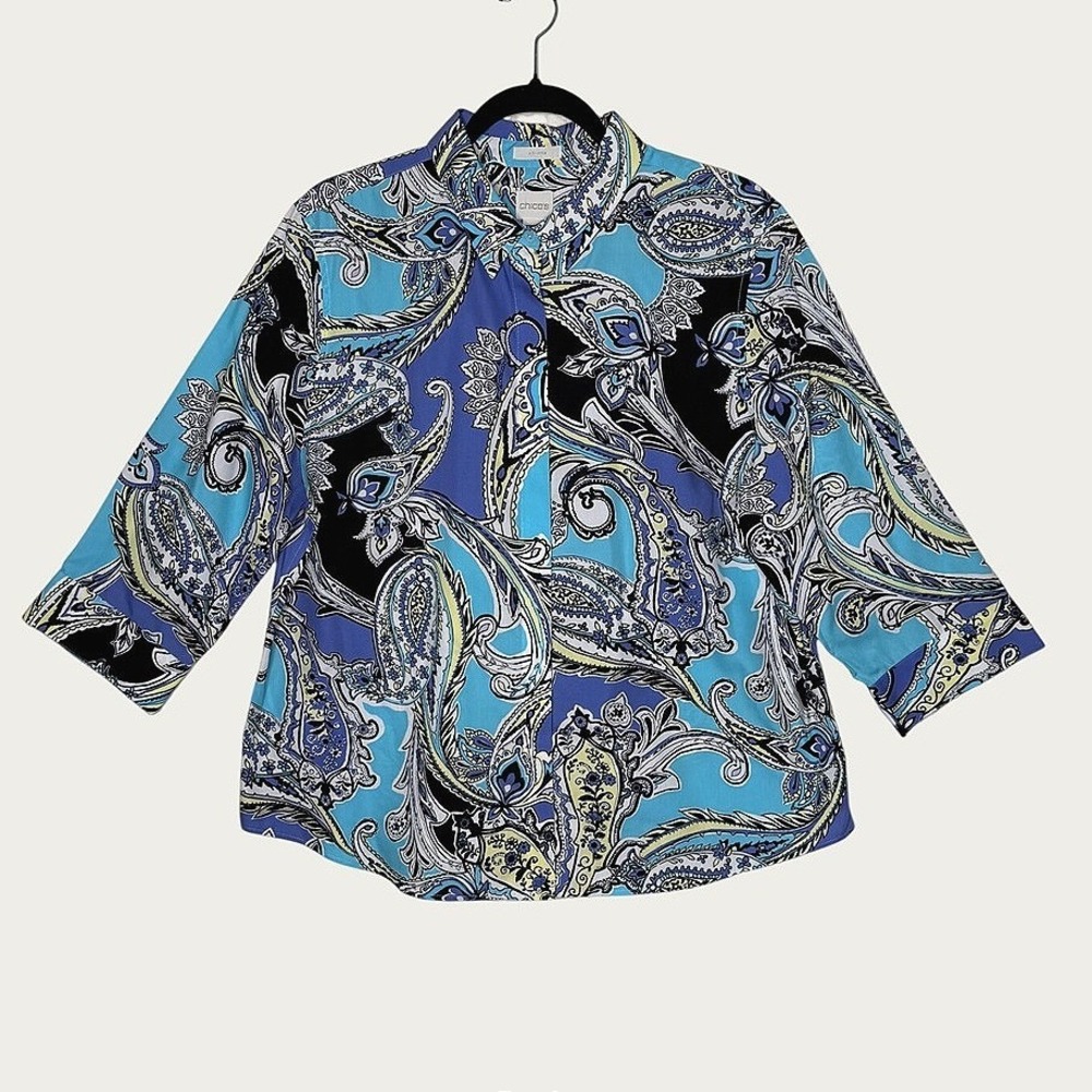 Chico's Maritime Paisley Top XL Blue Cotton 3/4 Sleeve Coastal‎ Career No- Iron